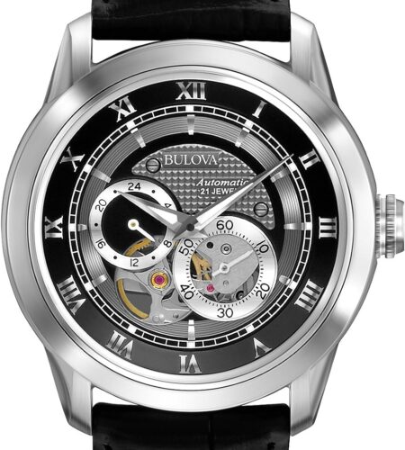 Bulova Men's Classic Sutton 4-Hand Automatic Watch, 24-Hour Sub Dial, Open Aperture, Self-Winding, Exhibition Caseback, Double Curved Mineral Crystal, Luminous Hands, 42mm Style: 96A135