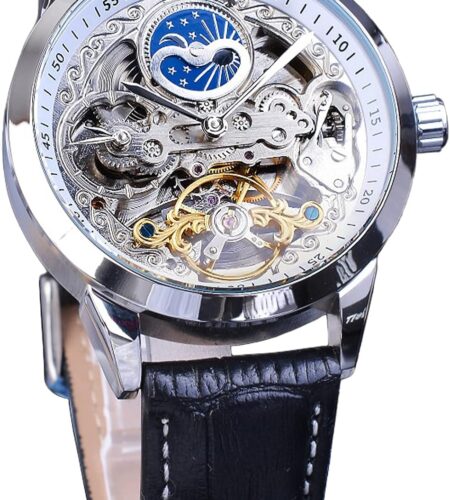 FORSINING Men's Skeleton Moon Phase Watch Mechanical Self-Wind Tourbillon Dual Time Zone Watches Automatic Luxury Leather Strap Large Dial Wristwatch, White