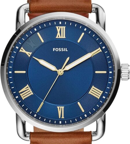 Fossil Men's Copeland Quartz Stainless Steel and Leather Three-Hand Watch, Color: Silver, Luggage (Model: FS5661)